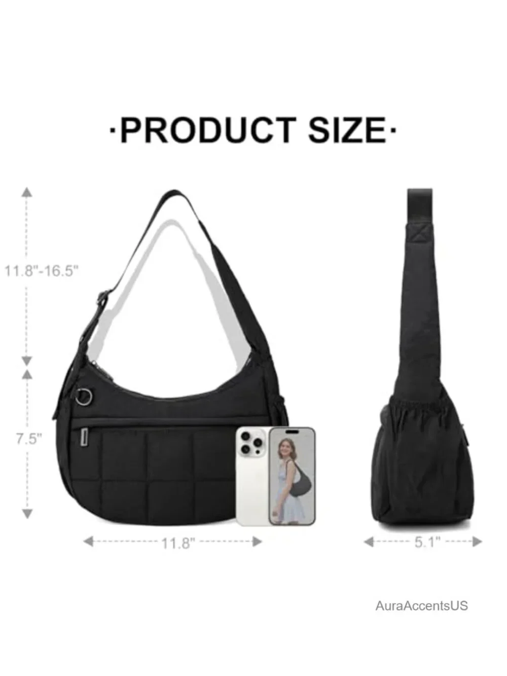 Quilted Puffer Crescent Hobo Bag with Adjustable Strap - Small Shoulder Bag